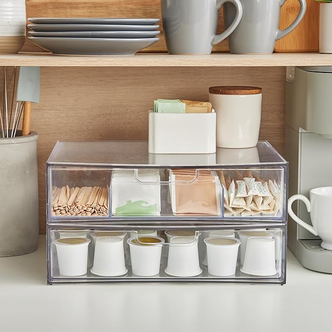 STORi STAX Plastic Stackable Organizer Drawers (Set of 2) Clear | 12.5" Wide | Set Includes One Open Drawer & One Divided Drawer | Organize Office Desk Accessories & Sort Paper | Made in USA