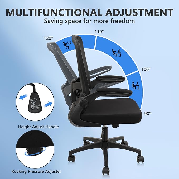 Office Desk Chairs with Wheels, Ergonomic Mesh Chair with Adjustable Height Lumbar Support, Rolling Swivel Computer Task Chair with Flip Up Armrests for Home, Study, Conference, Black (4PK)