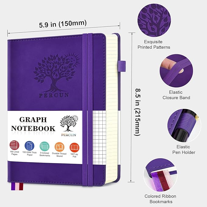 PERCUN Graph Paper Notebook, 160 Pages Grid Journal for women & men, A5 Hardcover Leather Graphing Notebook for School, Work, Travel, Note Taking 5.9”x8.5” (Purple)