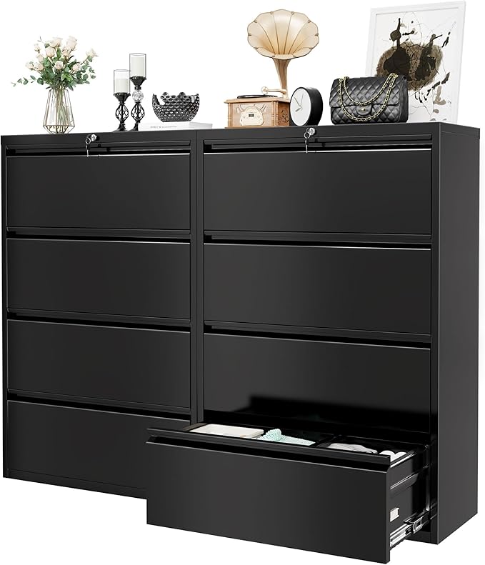 Superday Lateral File Cabinet 4 Drawer Metal File Cabinet with Lock, Black Filing Cabinets for Home Office, Locking Filing Cabinets Hanging Files Letter/Legal/F4/A4