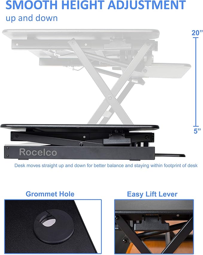 Rocelco 40" Large Height Adjustable Standing Desk BUNDLE - Quick Sit Stand Up with Floor Stand - Tall Gas Spring Assist Computer Workstation - Retractable Keyboard Tray - Black (R DADRB-40-FS2)
