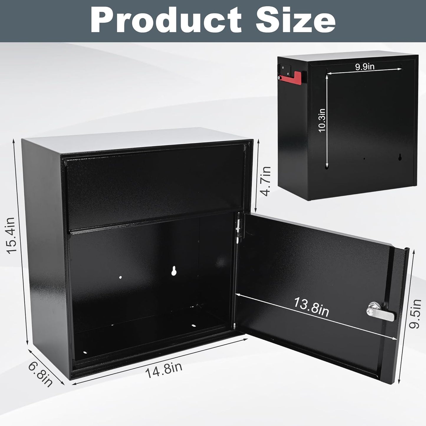 Large Wall Mount Mailbox with Lock and Outgoing Mail Flag for Outside, Steel Locking Security Mail Box with Number Stickers for House Outside, 14.8" x 6.9" x 15.4", Rainproof, Black