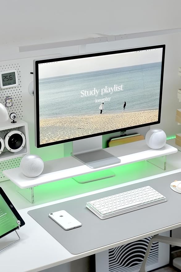 Bamboo Monitor Stand Riser with Acrylic Legs for Desk,31.5 Inches Desktop Shelf Supports for PC Computer Monitor, Laptops, Printer, Speakers (White)