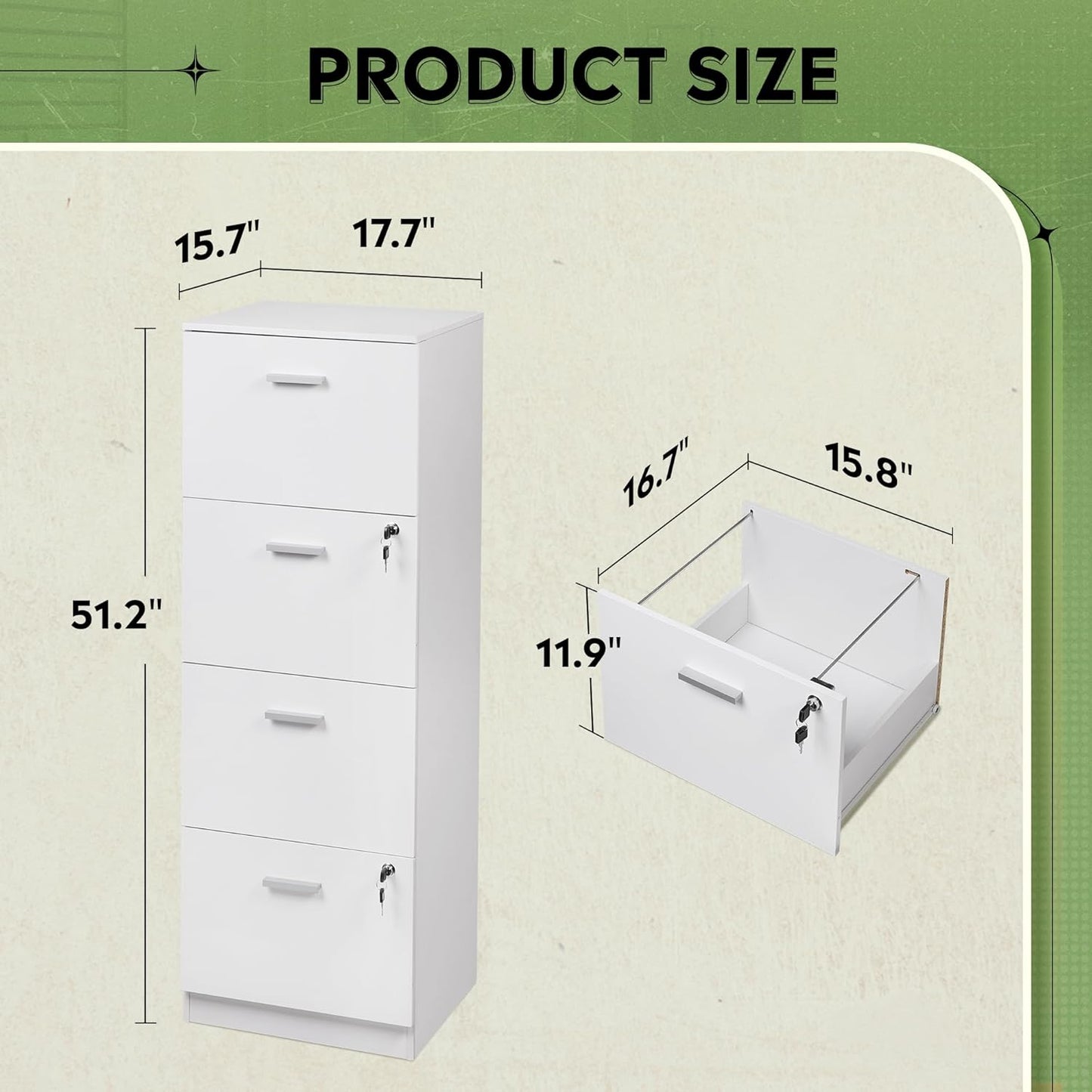 DEVAISE 4 Drawer File Cabinet with Lock, Vertical Filing Cabinet for A4/Letter Size Files, Wood Storage Organizer for Home Office, White