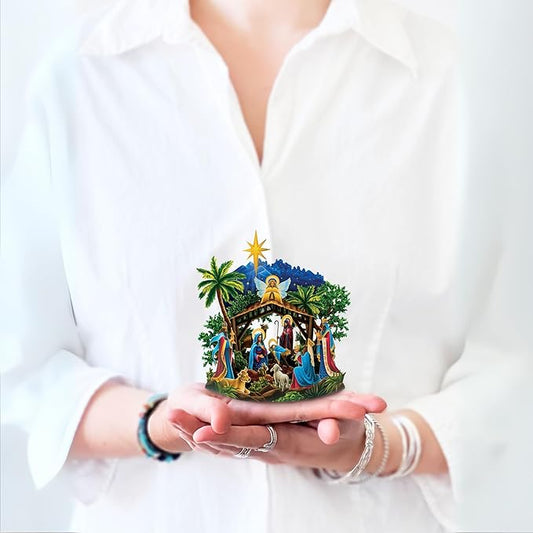Freshcut Paper Pop Up Cards, Mini Starlit Nativity, 6 Inch Mini Sized 3D Popup Greeting Card and Paper Nativity Scene, Christmas Cards, Holiday Card, Blank Notecard & Envelope