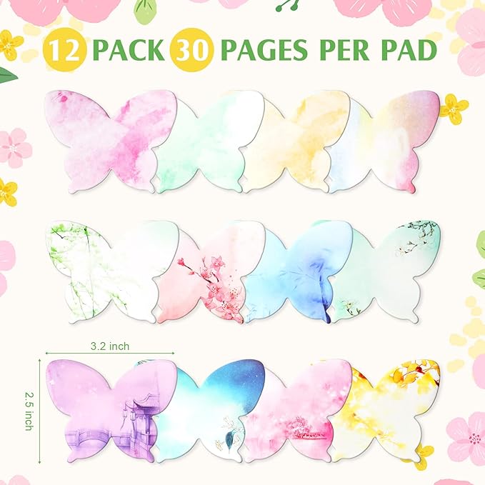 Breling 360 Pieces Sticky Notes Cute Butterfly Shaped Self-Sticky Notes Colored Watercolor Sticky Note Memo Pads for Reminders Studying School Home Family Office Supplies