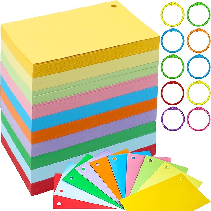 MotBach 600 Pieces Index Cards Flash Cards with Colorful Binder Rings,3" x 5", 10 Color Assorted Color Blank Punched Memo Note Cards Unlined Study Record To Do List for Home School Office Supplies
