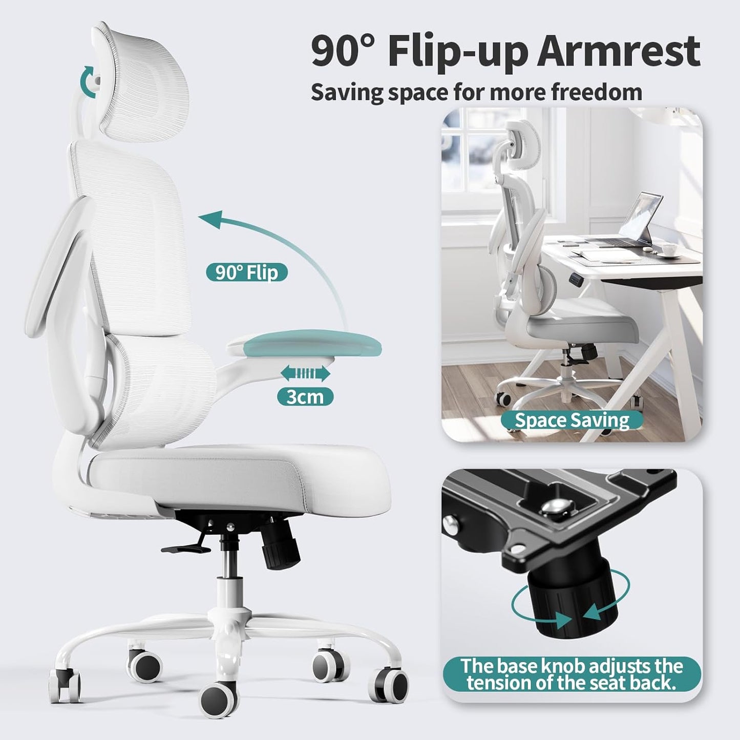 TRALT Office Chair Ergonomic Desk Chair, 330 LBS Home Mesh Office Desk Chairs with Wheels, Comfortable Gaming Chair, High Back Office Chair for Long Hours (White)