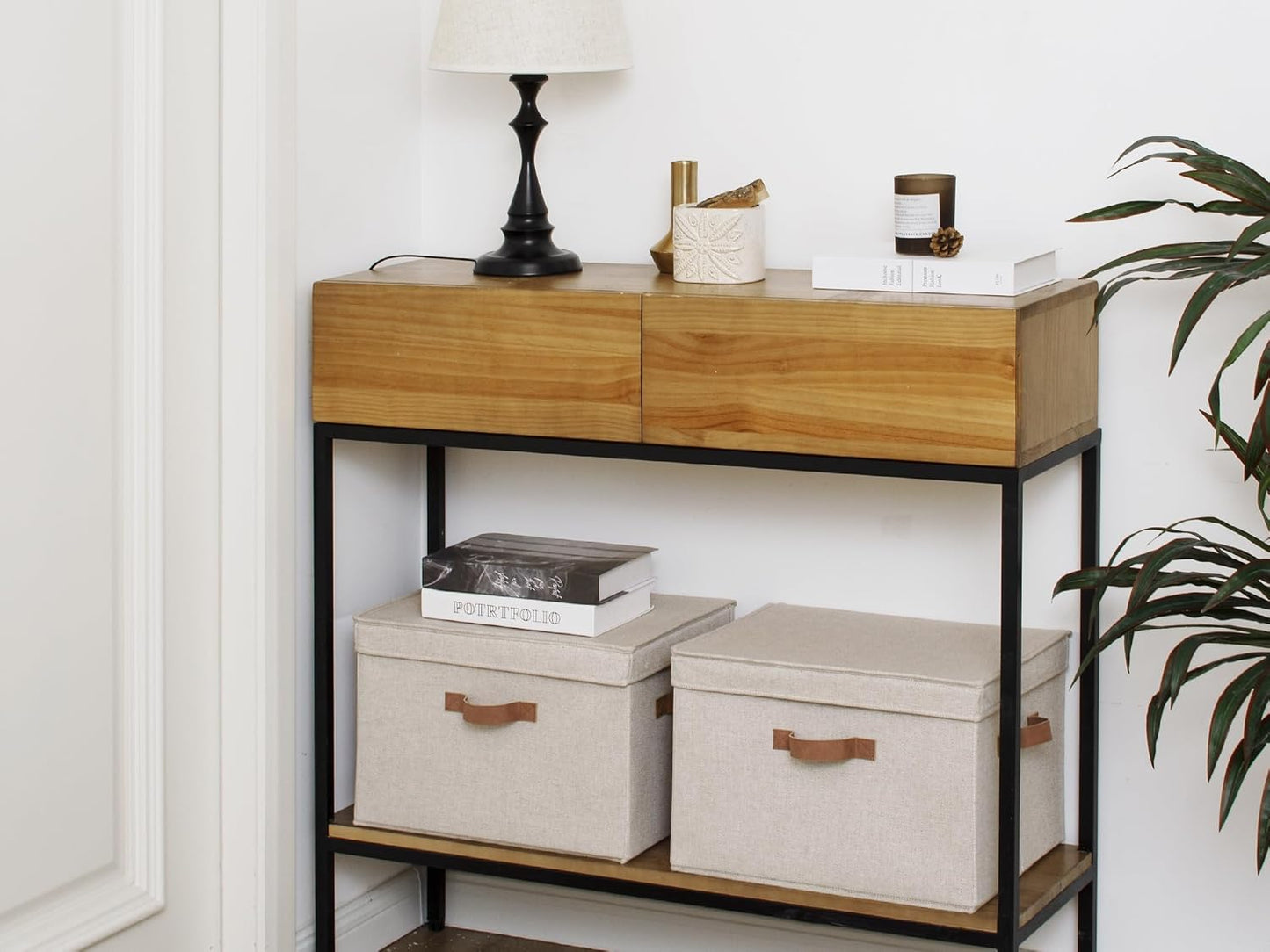 StorageWorks Fabric Storage Bins with Lid, Decorative Storage Boxes for Shelves, Stackable Closet Organizer Basket with Handles, Large, Brown and Beige, 2-Pack