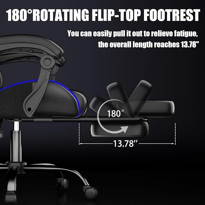 Gaming Chair, Ergonomic Office Computer Chair with Footrest and Lumbar Support Massager Racing Style High Back Video Gamer Chair, Wide＆Thick Cushion, 90°-135° Recline, Adjustable Height, Blue
