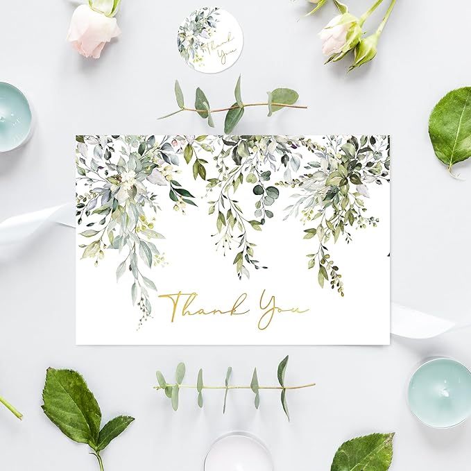 Whaline 50 Pack Greenery Thank You Cards Bulk Boxed Watercolor Eucalyptus Leaves Foil Gold Thank You Note Cards with Envelope Sticker for Thanksgiving Wedding