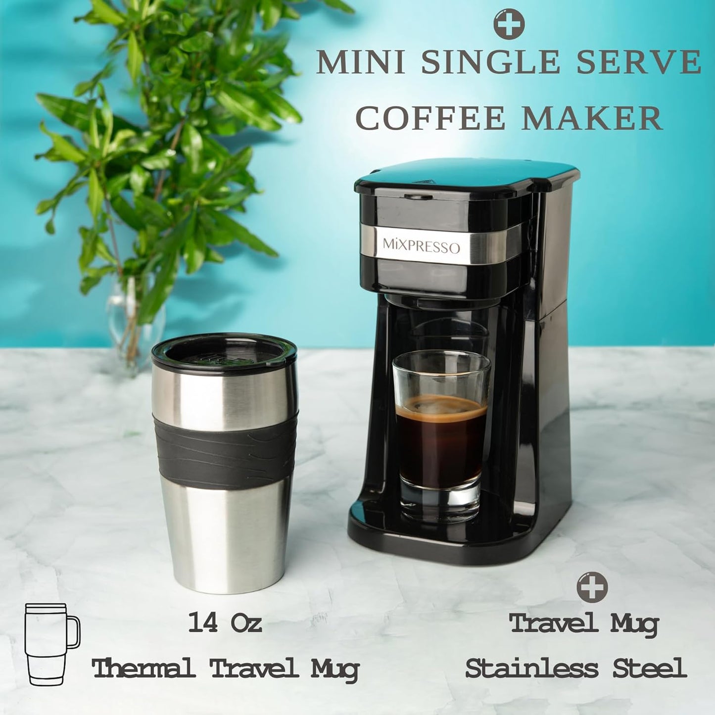 Mixpresso Black Personal Single Serve Coffee Maker with 14oz Travel Mug, Drip Small Coffee Maker with Auto Shut Off, Reusable Filter, Works with Ground Coffee Only – Not for K-Cup Pods
