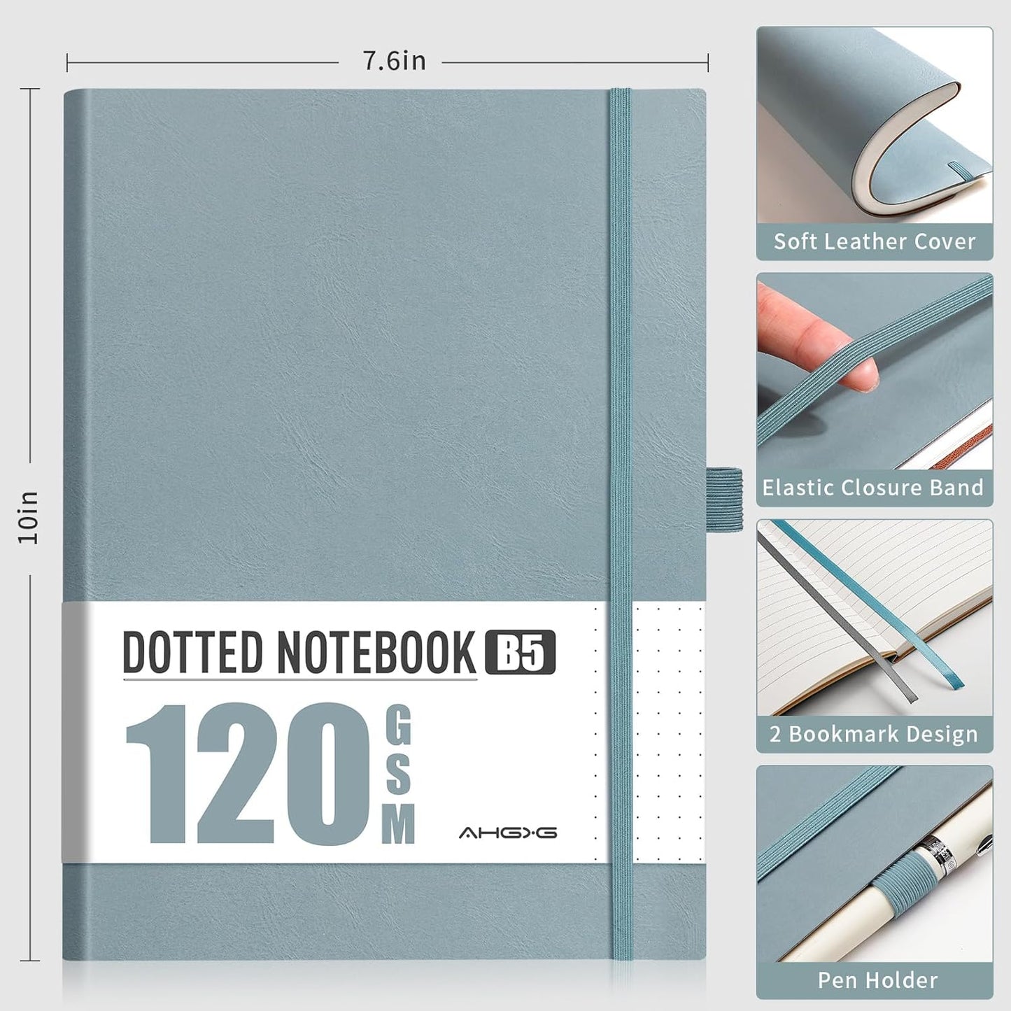 AHGXG Bullet Dotted Journal - Dot Grid Notebook Journal, 120 GSM Thick Acid-Free Paper, Large B5 Dotted Notebook 96 Pages, Leather Softcover, Inner Pocket, Journal Stencil, 7.6'' X 10'' - Gray Blue