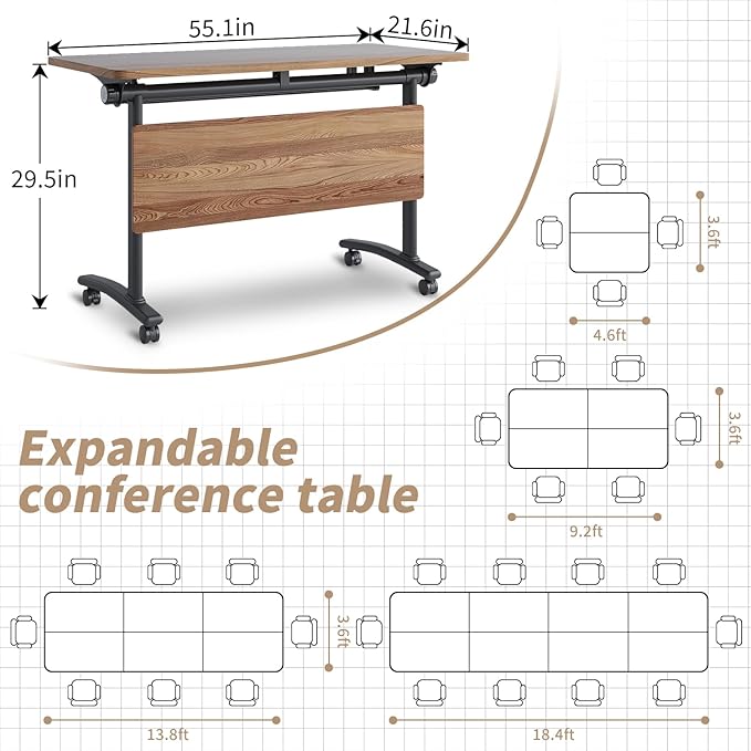 Folding Conference Table, Modern Conference Room Tables with Flip-Top Design, Foldable Conference Table Meeting Table with Wheels, Mobile Seminar Training Tables for Office Classroom (6, Walnut 2)