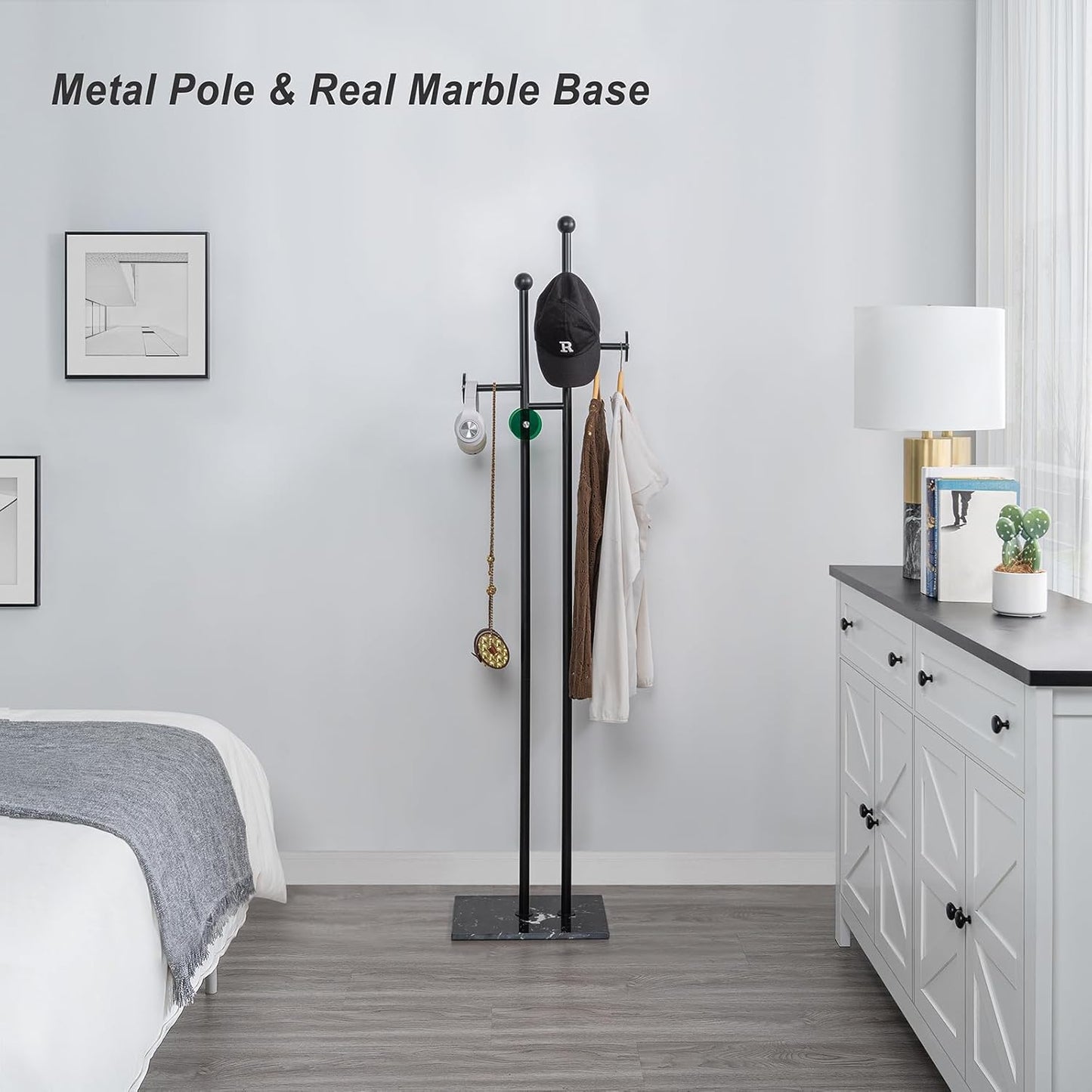 Free Standing Coat Rack with Marble Base & 8 Hooks Heavy Duty Clothes Rack for Entryway Bedroom Living Room Hotel 14.96 x 10.24 x 68.9 Inches (Black)
