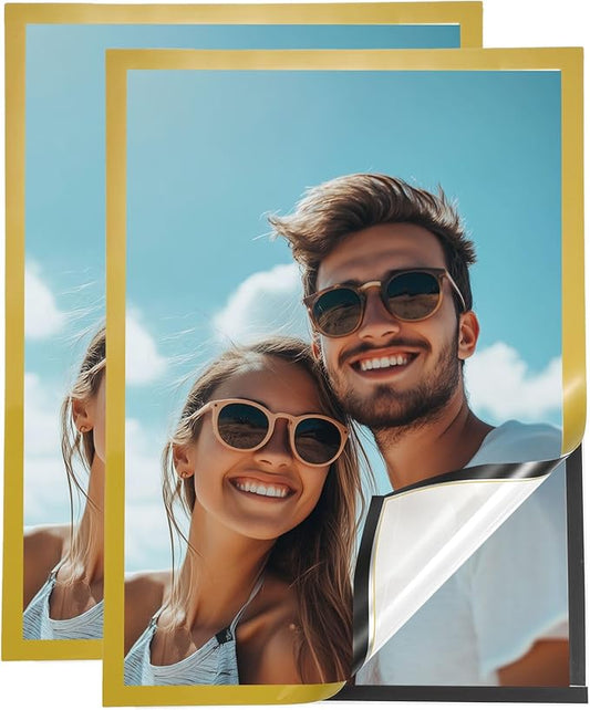 uxcell 2 Pcs Magnetic Sign Holder, 11.7" x 16.5" Self-Adhesive Magnetic Wall Signs Holder Magnetic Picture Frame Document Holder for Home Office Wall Window Displays, Gold