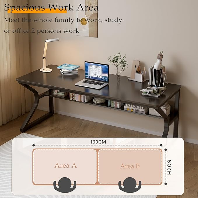 Extra Long Desk with Bookshelf - 63" Double Long Writing Table for 2-Person Workstation, Modern Study Work Computer Desk for Home and Office, Black