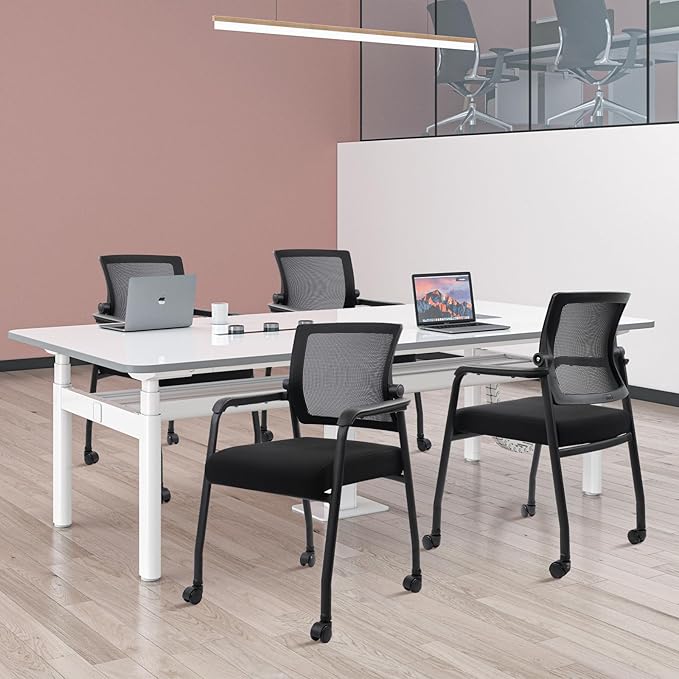 Waiting Room Chairs with Wheels, Adjustable Mesh Backrest, Desk Chair with Ergonomic Lumbar Support and Thickened Seats Cushion, 4 Pack Black