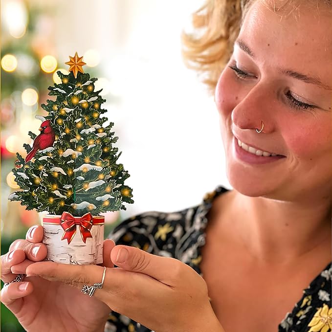 Freshcut Paper Pop Up Cards, Mini Merry Tree, 6 Inch Mini Sized Forever Flower Bouquet 3D Popup Greeting Cards, Christmas Card, Holiday Card, Blank Notecard & Envelope