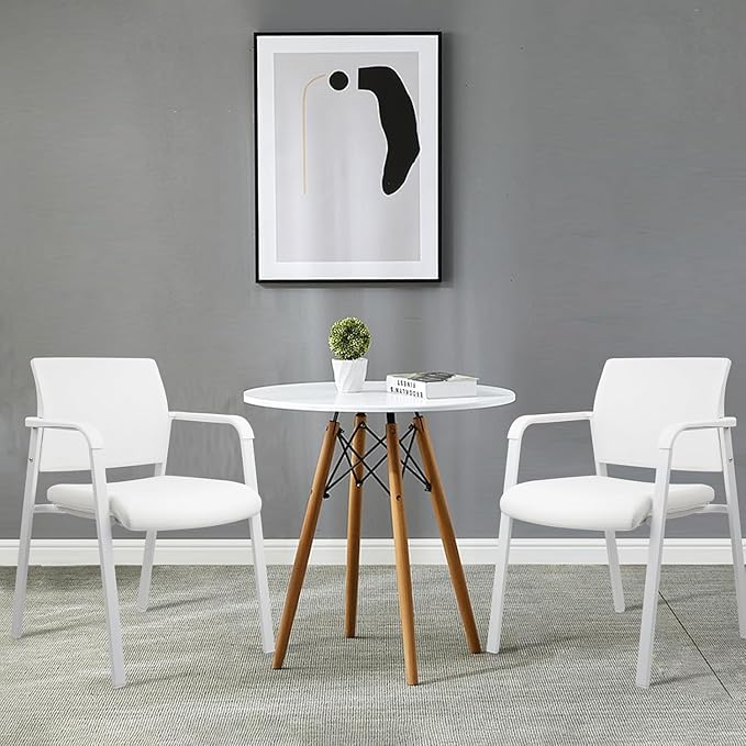 CLATINA Stacking Office Chairs | Mesh Back, Thicken Leather Seat and Arms, Ergonomic Lumber Support | Guest Reception, Waiting, Conference, School, Party, Customer, Side, Stationary | Set of 8, White