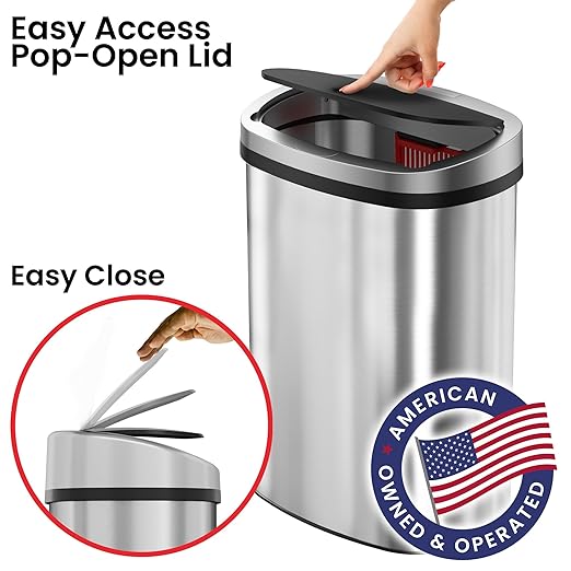 iTouchless Push-Top Lid 13 Gallon Trash Can with Odor Control System – Stainless Steel Garbage Bin, Press-Top Soft-Close Spring Lid, Fingerprint-Resistant for Home Office, Kitchen, Restroom, Business