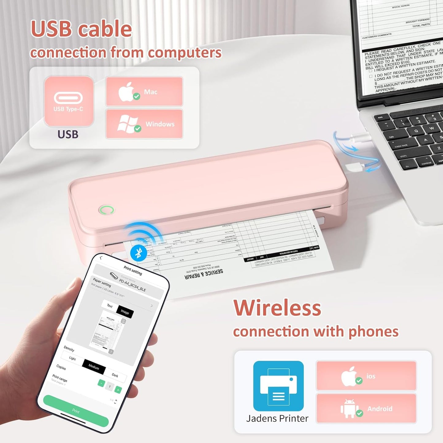 Inkless Portable Printer for Travel, Wireless Thermal Printer Supports 8.5 x 11 Inch US Letter Size, Bluetooth Machine Includes Carry Case and 3 Rolls of Thermal Paper Kit, Pink