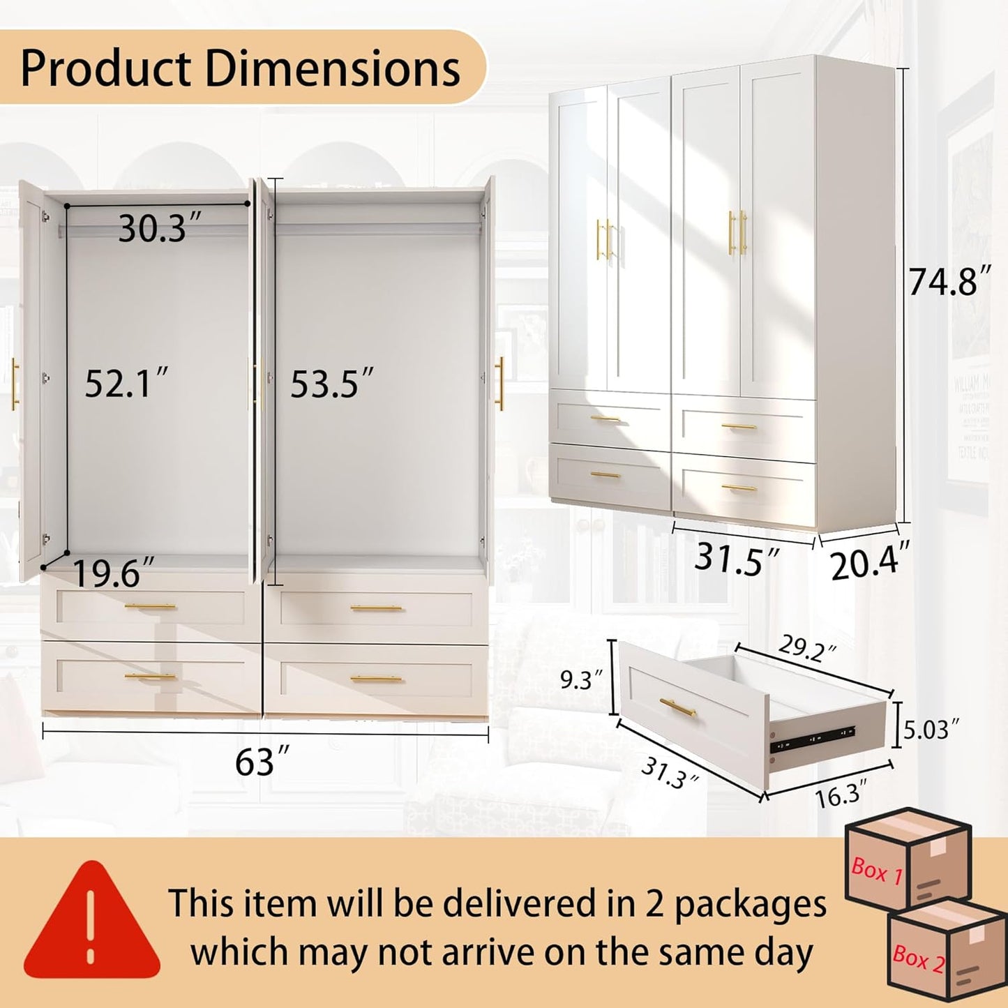 White Wardrobe with 4 Doors: 75" Tall Armoire Wardrobe Closet with 4 Drawers, Bedroom Closet Cabinet for Hanging Clothes, Wooden Storage Armoire with Shelves (Contemporary, 2)