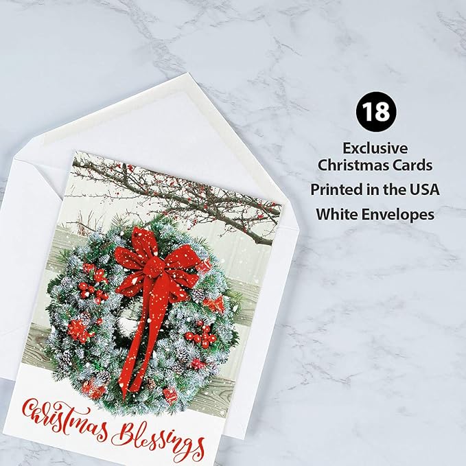 Current Wreath in Snow Personalized Christmas Cards with Envelopes - Set of 18 Large 5 x 7-Inch Folded Cards, Faith Themed Holiday Card Value Pack