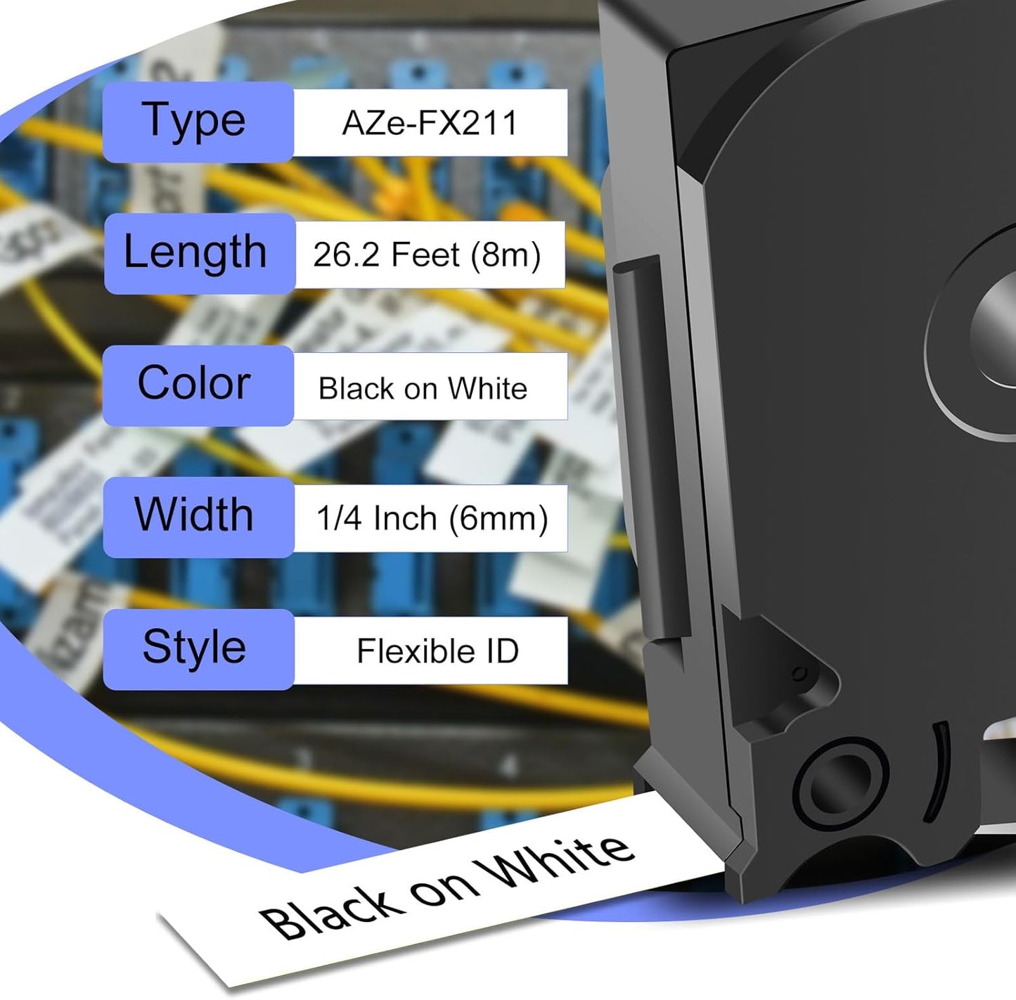 2 Pack 6mm 0.23'' FX211 Laminated Tape Compatible for Ptouch TZ TZe Flexible ID Cable Wires Labels Black on White 1/4" for PTD200 D210 D400 D600 PTH100 H110 PTP300BT PTP700 PTP710BT