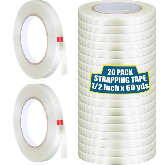 Treela 20 Rolls 1/2 Inch x 60 Yards Filament Strapping Tape Transparent Reinforced Fiberglass 5.5 Mil Heavy Duty Packing Shipping Tape for Sealing Binding Fixing