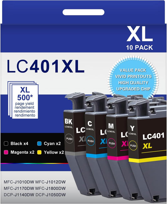 LC401XL LC401 High Yield MFC-J1010DW Ink Cartridges 10-Packs Compatible for Brother 401XL LC-401 Ink Cartridges Work with MFC-J1010DW J1170DW J1012DW J1800DW (4 Black, 2 Cyan, 2 Magenta, 2 Yellow)