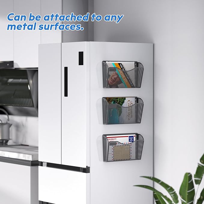 samstar 6 Pack Magnetic File Holder, Mesh Wall File Organizer File Pocket Mail Organizer Paper Folder Holder for Office/Home, No Drilling(Magnetic)