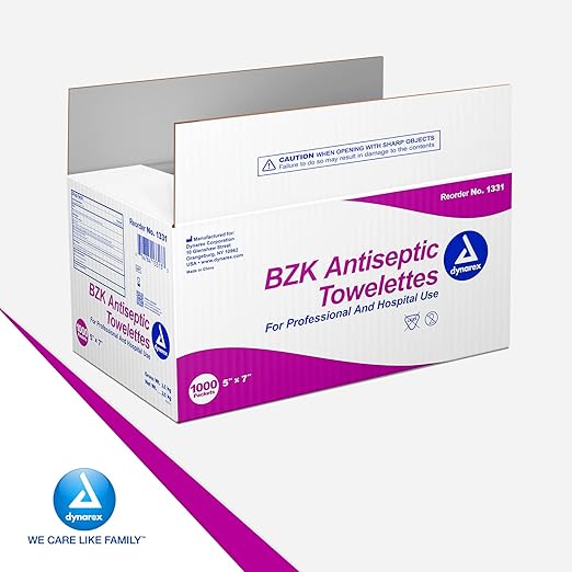 Dynarex BZK Antiseptic Towelettes - 5"x7" - Benzalkonium Chloride, Hand Sanitizing Wipes or First Aid Wound Wipes, 1 Case of 1000 (Packaging May Vary)
