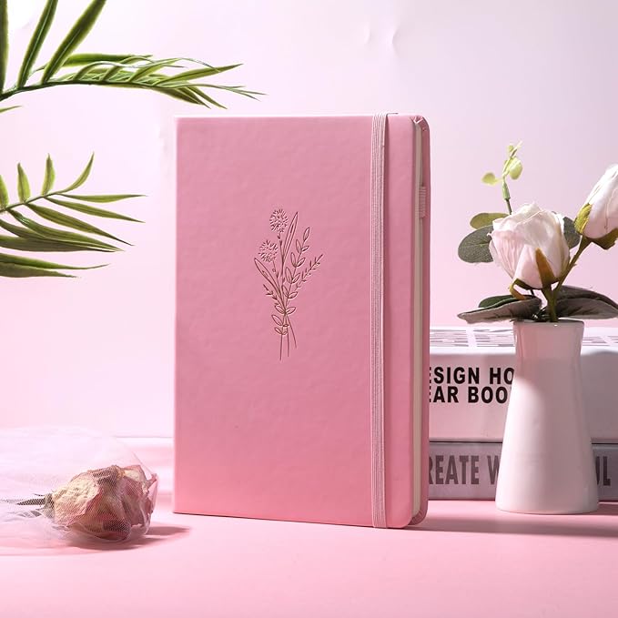 Lined Journal Notebook for Women Cute Leather Journals for Writing Aesthetic Floral Diary 192 Pages A5 Hardcover Journaling Notebooks with Pen Loop, 5.7 x 8.3 In, Pink