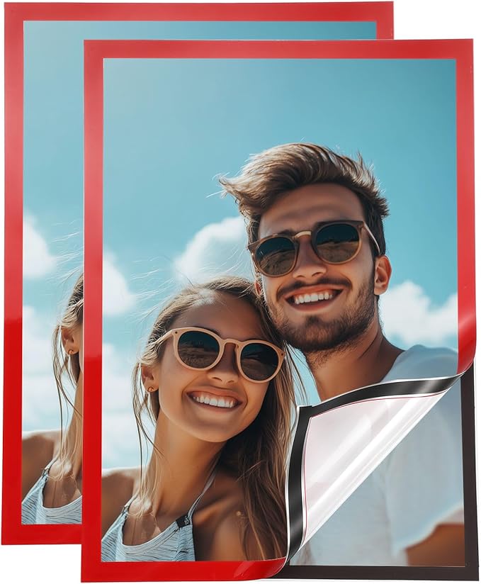 uxcell 2 Pcs Magnetic Sign Holder, 11.7" x 16.5" Self-Adhesive Magnetic Wall Signs Holder Magnetic Picture Frame Document Holder for Home Office Wall Window Displays, Red