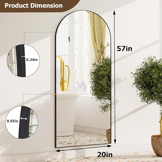 GLSLAND - 20x57 inch Arched Full Length Mirror - Floor Mirrors Aluminum Alloy Frame Full Body Dressing Mirror for Bedroom, Living Room,Gold