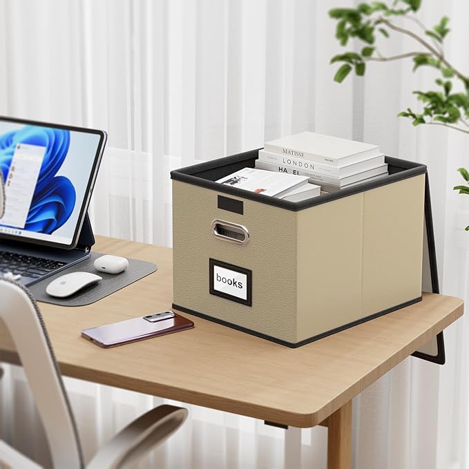 Huolewa Upgraded Portable Leather File Organizer Boxes with Lids, Office Document Boxes Organizer, Filing Boxes, Decorative Small File Boxes for Hanging Files with Plastic Slide for Office/Decor/Home