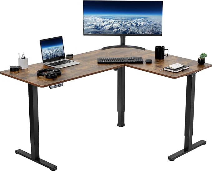 VIVO Electric Corner L-Shaped 63 x 47 in Rustic Standing Desk, Memory Height Adjustment, Vintage Brown Top Black Frame, DESK-E3CTN-47