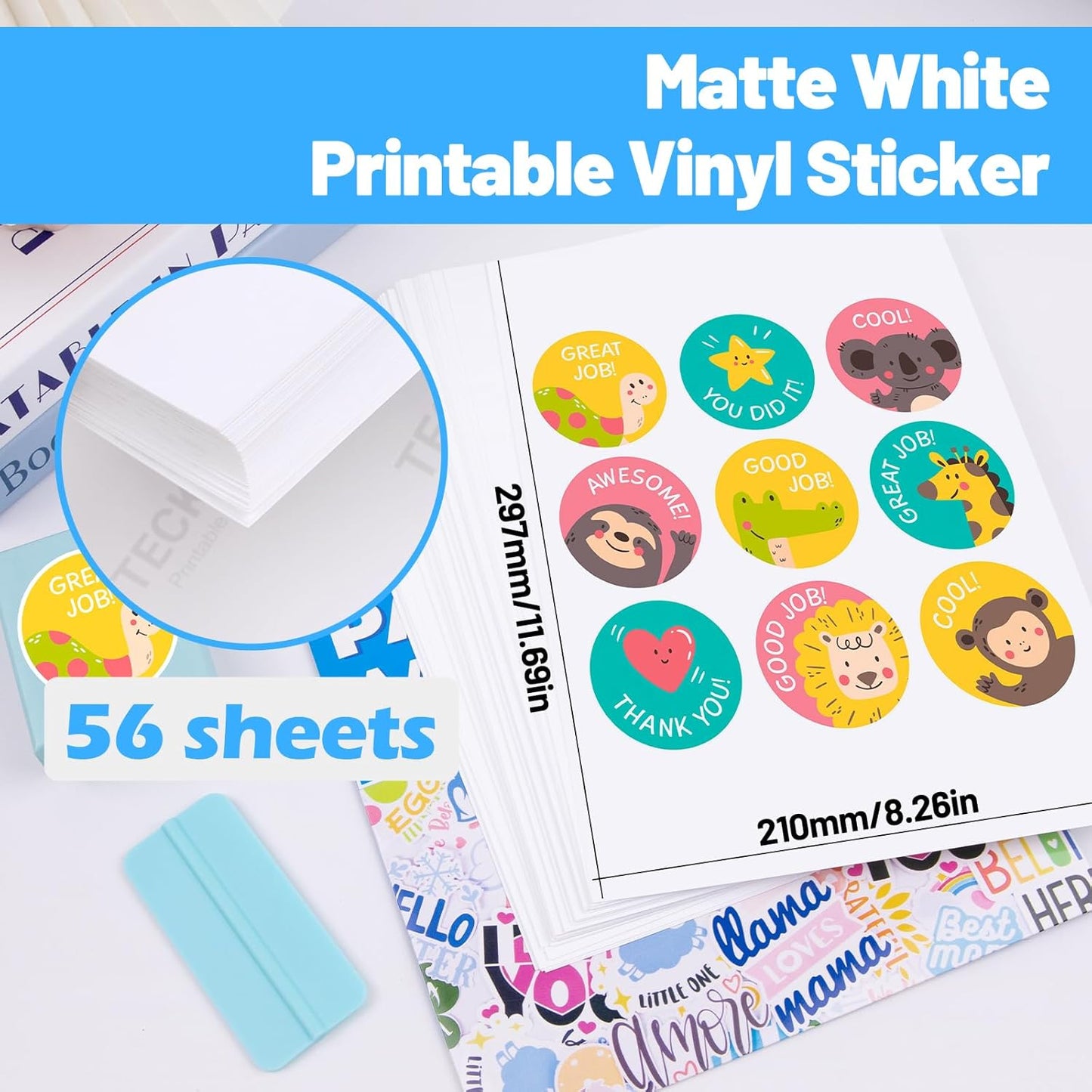 TECKWRAP Printable Vinyl Sticker Paper for Inkjet Printer, Matte Inkjet Printable Vinyl, 8.26" x 11.69" A4 56 Sheets/Pack Photo Paper for Craft Scrap-Booking, Stickers, Labels