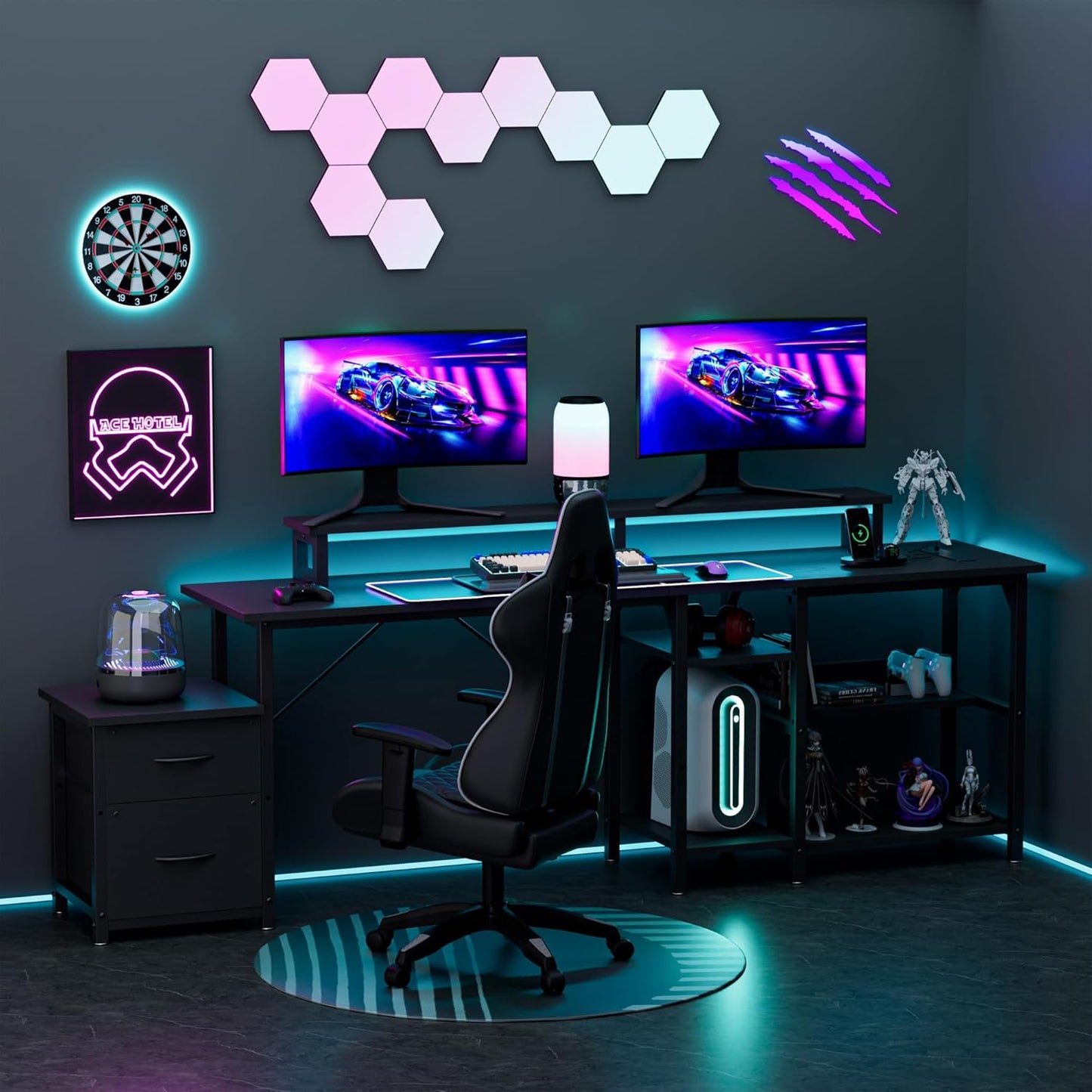 YOUNGAR 69.3" Computer Desks with Storage, Reversible L Shaped Home Office Desk, Corner Gaming Office Desk with 2 File Drawers&Power Outlet, Black