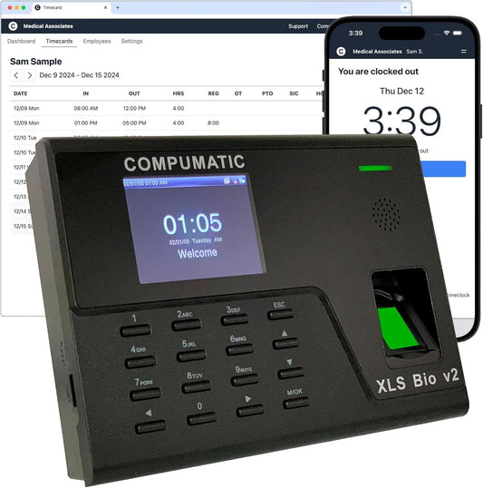 COMPUMATIC Biometric Fingerprint Time Clock with Online Cloud Hosted Software, Automatic Real-Time Punch Upload with WiFi or Wired Ethernet Connection