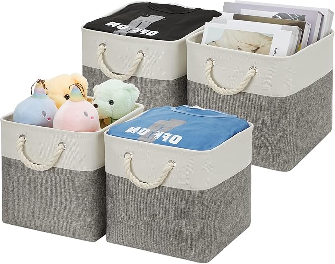 DULLEMELO Cube Storage Bins Set of 4 Fabric Storage Cubes Organizer Bin with Handles, Collapsible 12 Inch Cube Storage Baskets for Organizing, Closet, Shelf, Nursery (White&Grey)