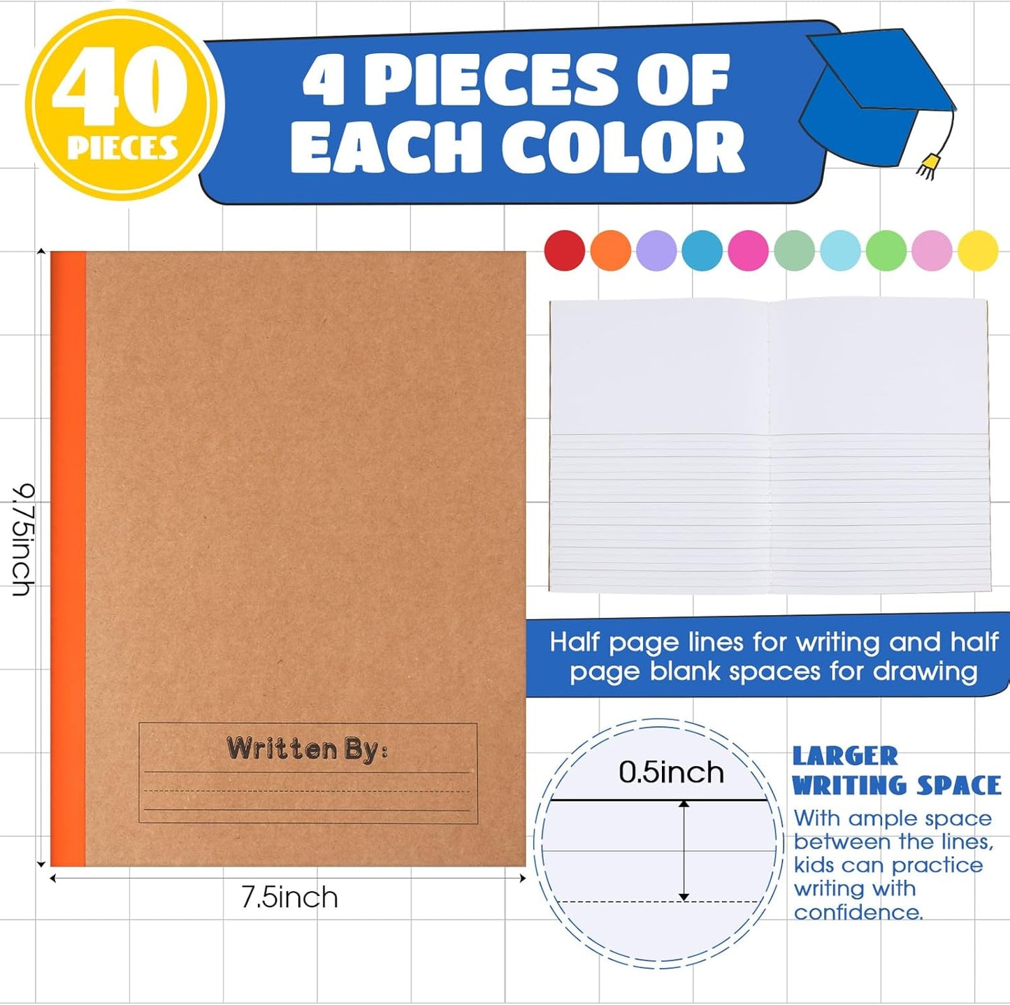 Henoyso 40 Pcs Primary Composition Notebook 9 3/4 x 7 1/2 Inch Kids Journal, Back to School Supplies, K-2 Primary Writing Notebook for Kids Student Draw and Write Story Journal (Stylish Color)