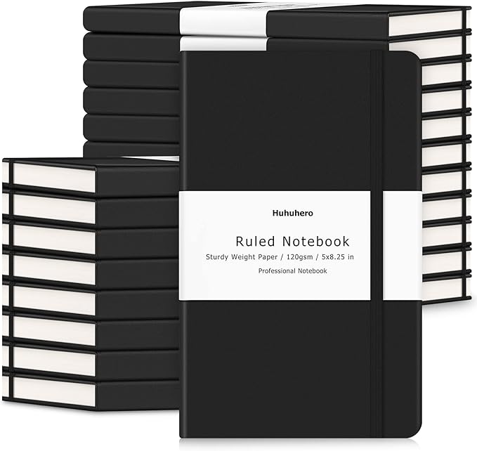 Huhuhero Lined Journal Notebook, 20 Pack Hardcover College Ruled Notebooks for Work School Note Taking, 120 Gsm Thick Paper Journals for Writing, Office School Supplies, 5"×8.25", Black