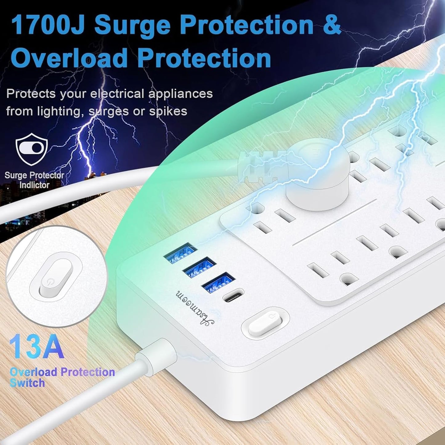 20FT Power Strips with Surge Protection 1625W/13A, 10 Outlets with 4 USB Ports (1 USB C) Long Extension Cord with Multiple Outlets 14-in-1 1700J 16Awg Flat Plug Power Strip Protector White ETL Listed