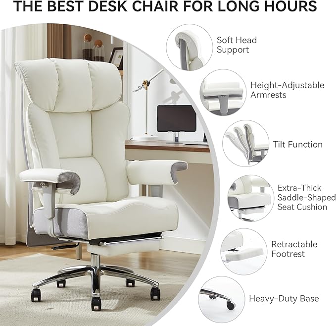 Efomao Big and Tall Office Chair 450LBS with Foot Rest, High Back PU Leather Executive Office Chair with Adjustable Padded Armrests, Lumbar Support for Home or Work, Heavy Duty Computer Chair, White