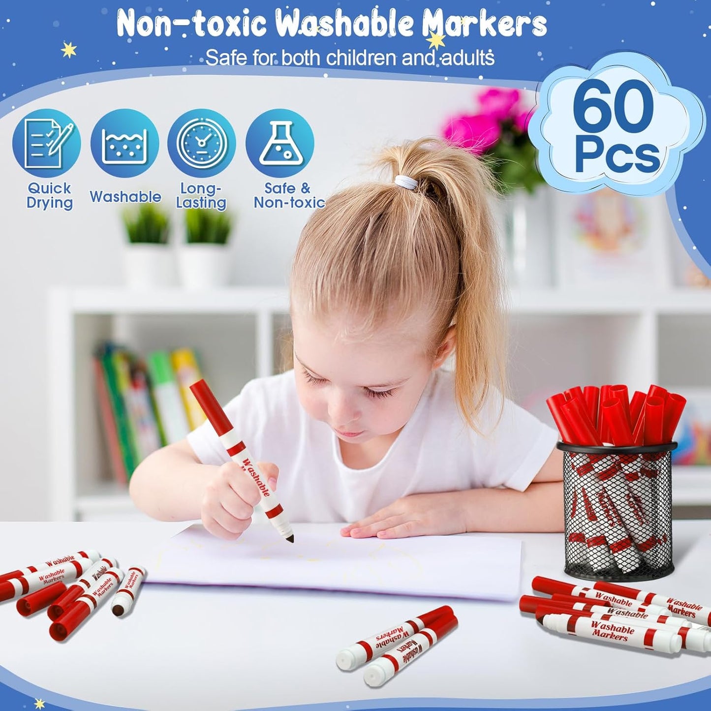 Janlaugh 60 Pcs Red Washable Markers Bulk Coloring Broad Line Markers for Kids Conical Tip Red Drawing Pens for Classroom Back to School Travel Art Baby Shower Gender Reveal Supplies, Ages 6+