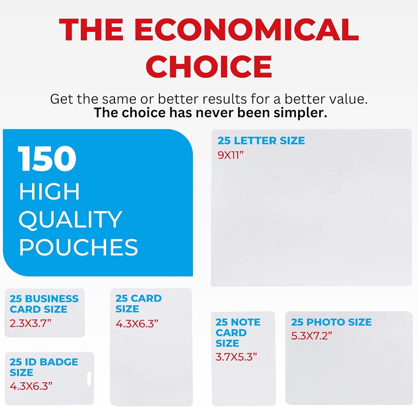 5MIL Thermal Laminating Sheets (150 Count) Letter, Photo, Card, Notecard, ID Badge and Business Card Sizes, Laminating Pouches Compatible with Laminators, Crystal Clear Laminated Finish