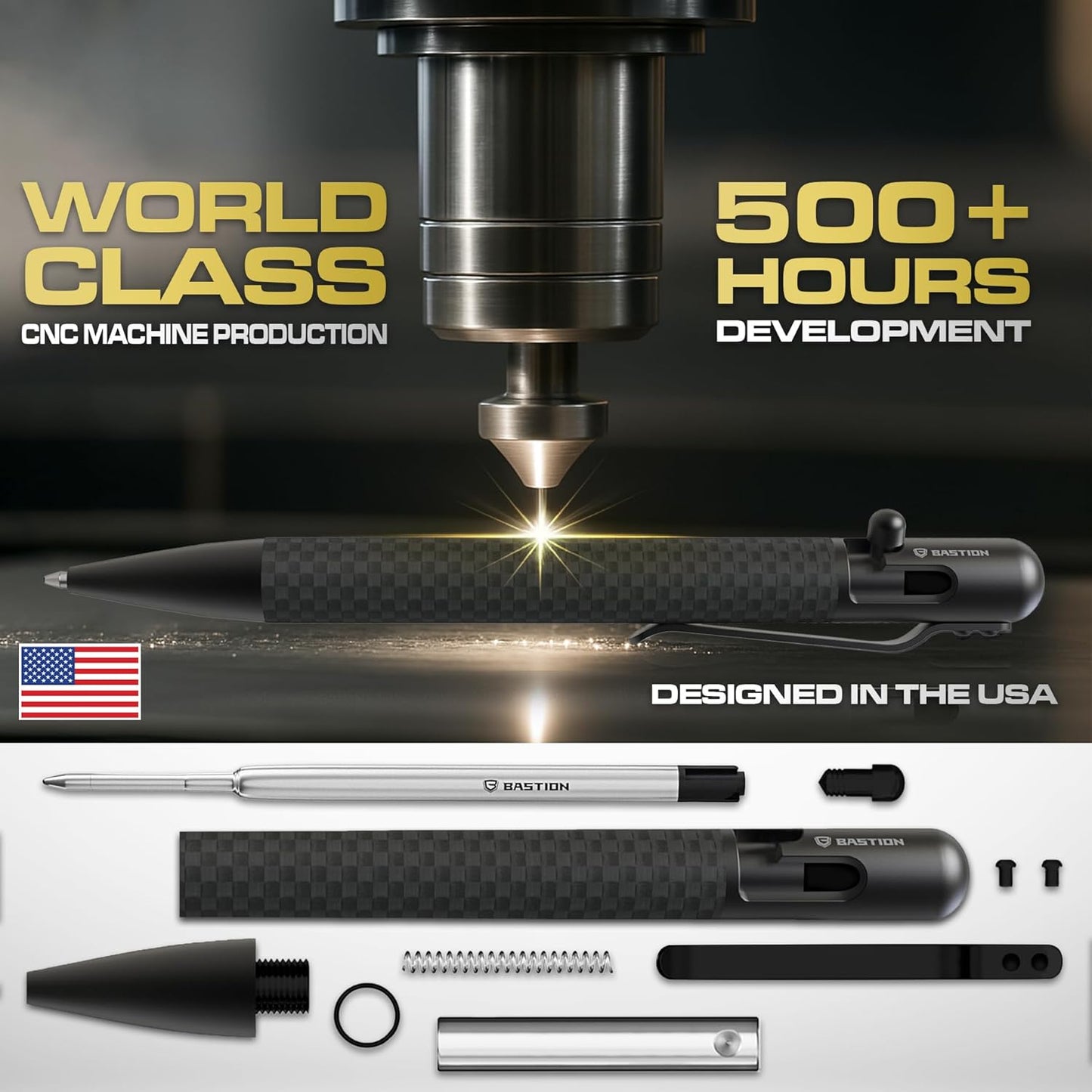 BASTION® Luxury Carbon Fiber Bolt Action Pen Durable Professional Ballpoint Pen for Travel, School and Work Birthday Gift Idea - Black Stainless Steel