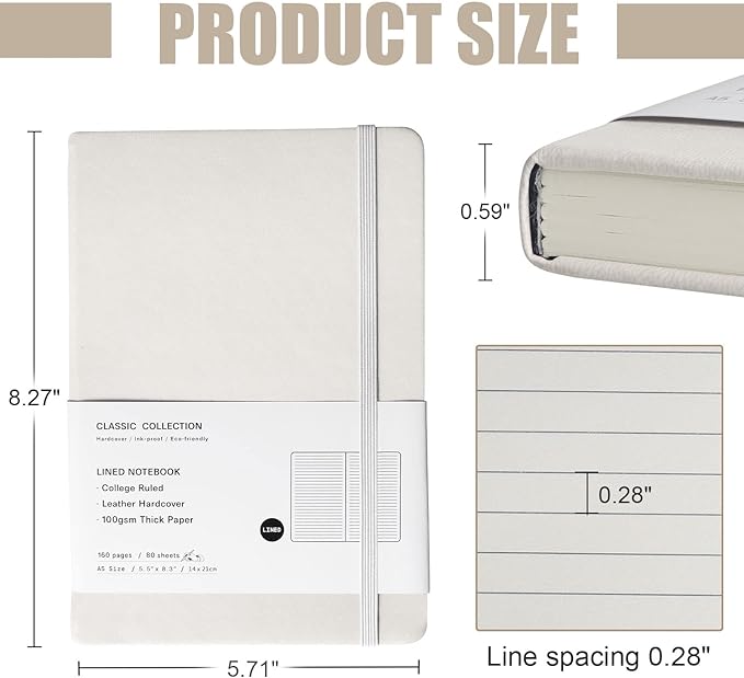Lined Journal Notebook, (White), 160 Pages, Medium 5.7 inches x 8 inches - 100 gsm Thick Paper, Hardcover